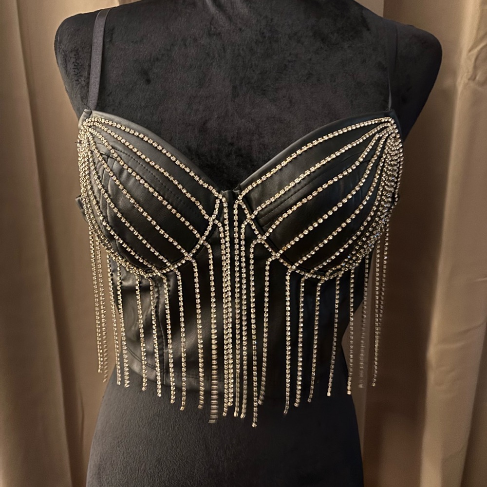 Fashion Nova Black Rhinestone Embellished Bustier Top